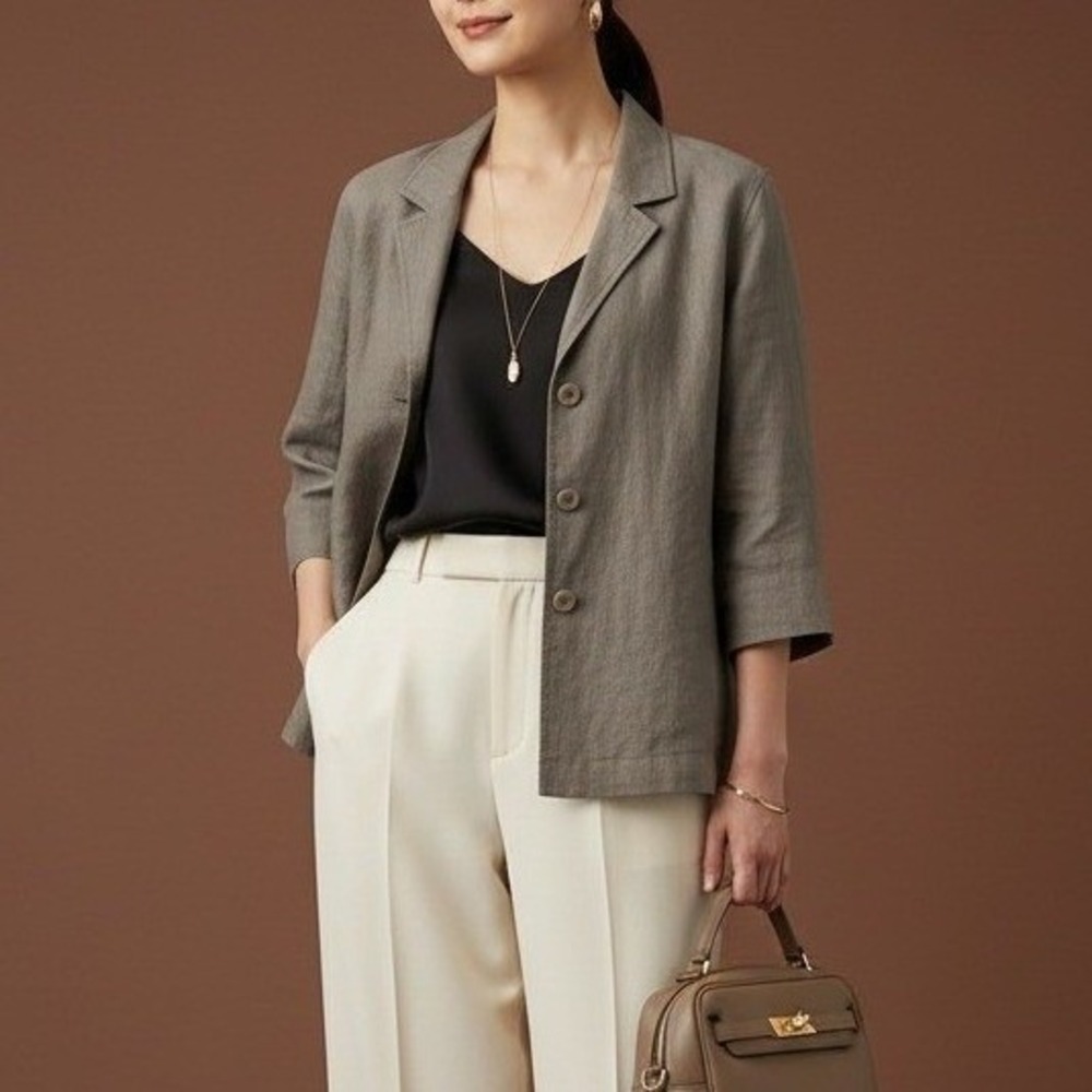 EILEEN FISHER Women XL Linen 3/4 Sleeve Blazer Gray Button Front Jacket Capsule